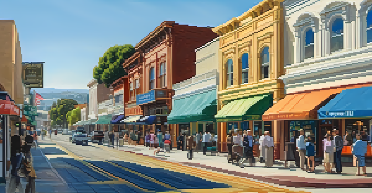 A vibrant downtown historic district with charming buildings and people enjoying the streets under a blue sky.