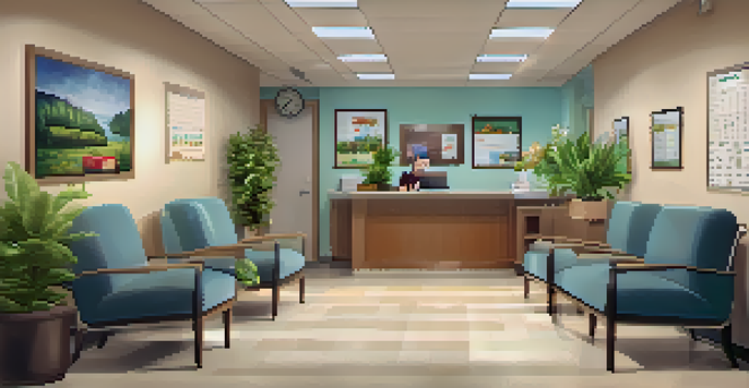 A warm and inviting health clinic waiting room with comfortable seating and friendly receptionist.