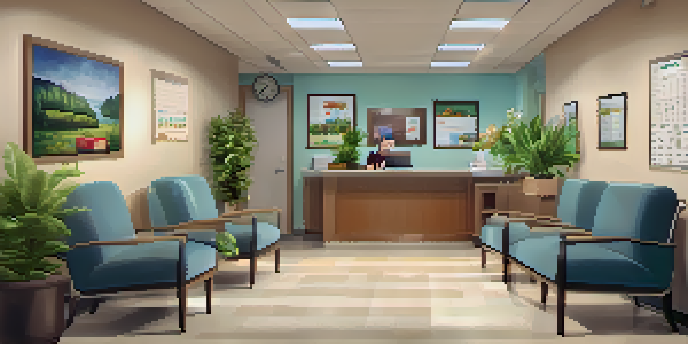 A warm and inviting health clinic waiting room with comfortable seating and friendly receptionist.