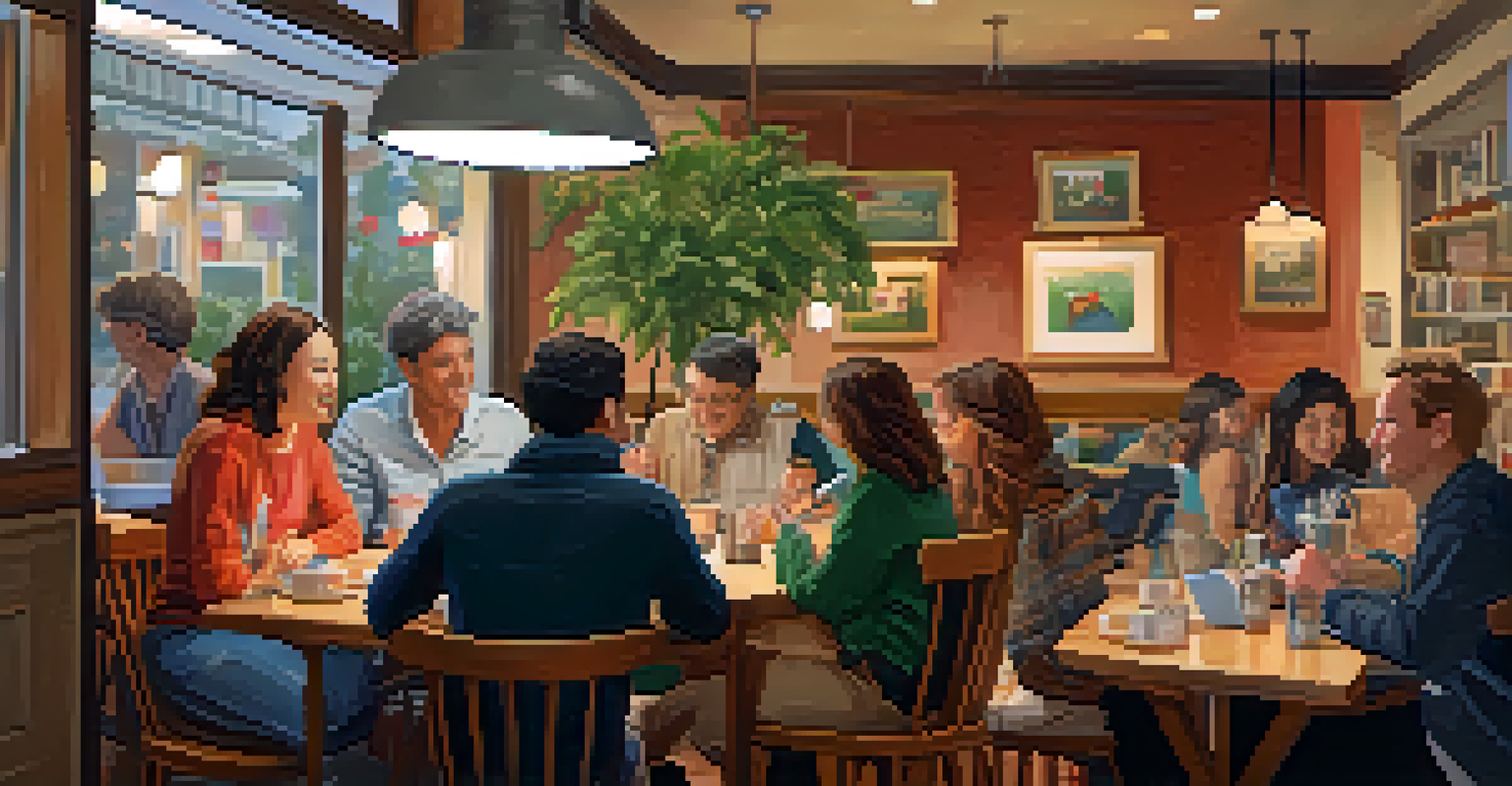 A language exchange meetup in a café, with participants of diverse backgrounds engaged in conversation and learning.