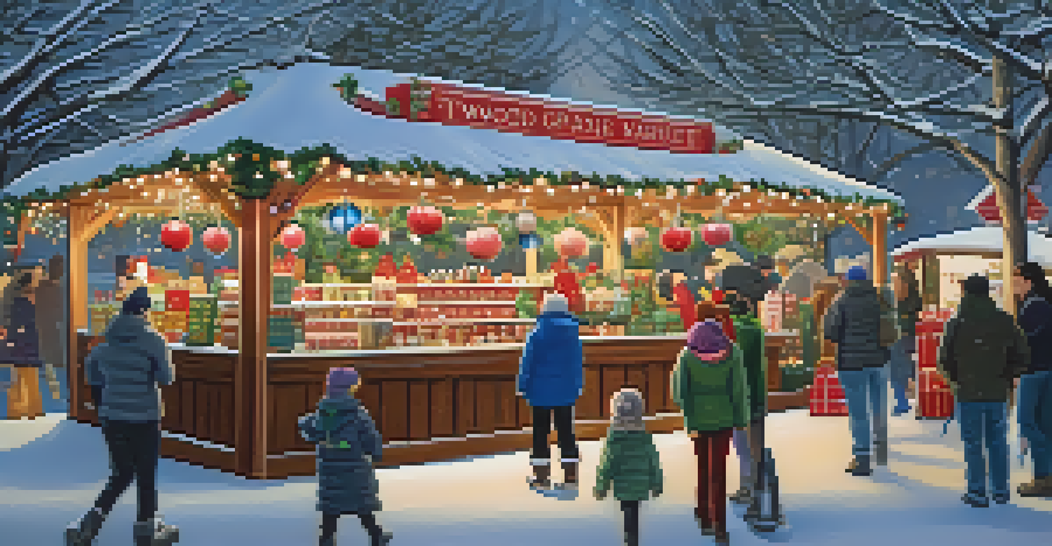 A festive Holiday Market in winter with decorated stalls, people enjoying hot cocoa, and a cozy atmosphere.