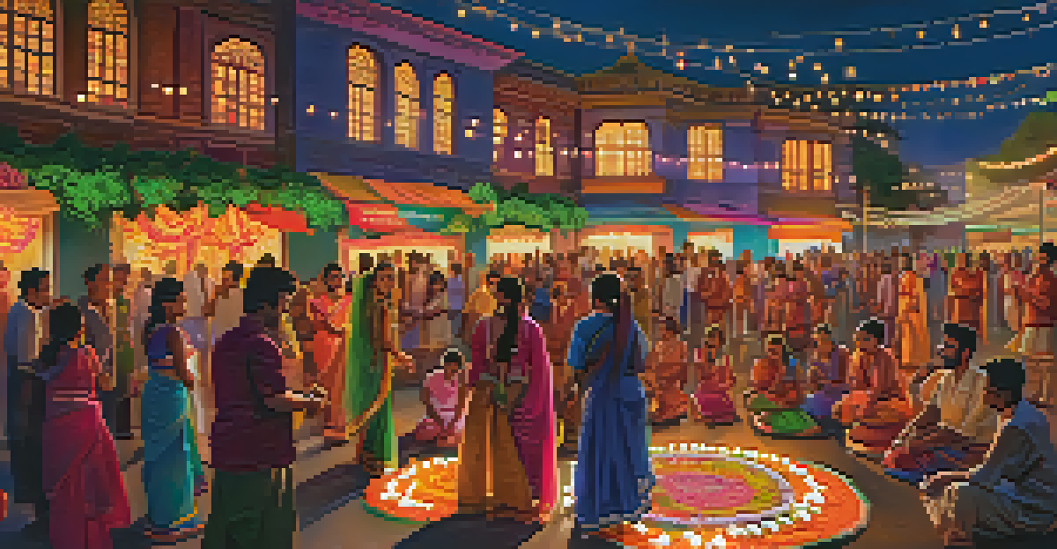 A festive nighttime scene of the Diwali Festival with colorful lights, traditional performances, and Indian food offerings.