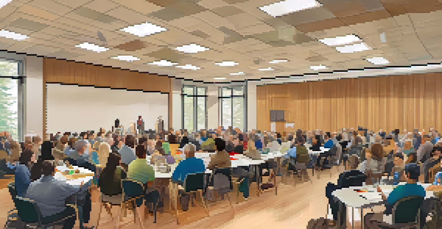 A gathering in a Redwood City hall where residents discuss housing affordability, surrounded by charts and graphs, in a warm-lit environment.