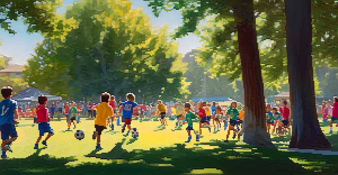 Children playing soccer in a park, with parents cheering in the background and trees casting shadows.