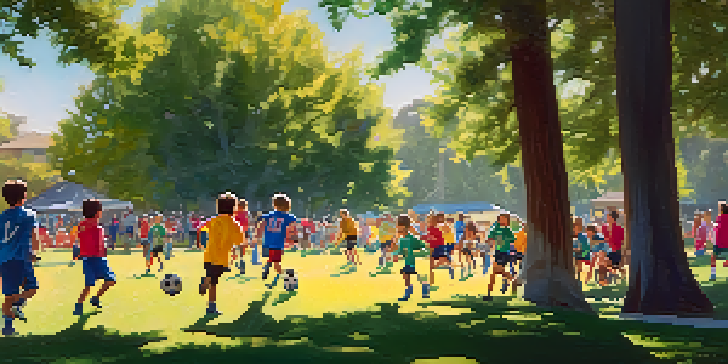 Children playing soccer in a park, with parents cheering in the background and trees casting shadows.