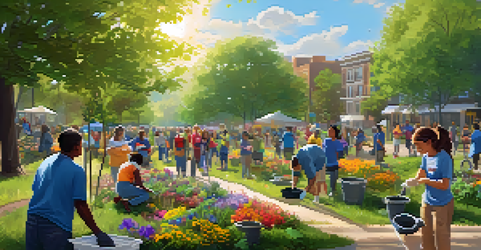 A diverse group of volunteers participating in a clean-up event at a sunny local park, surrounded by greenery and colorful banners.