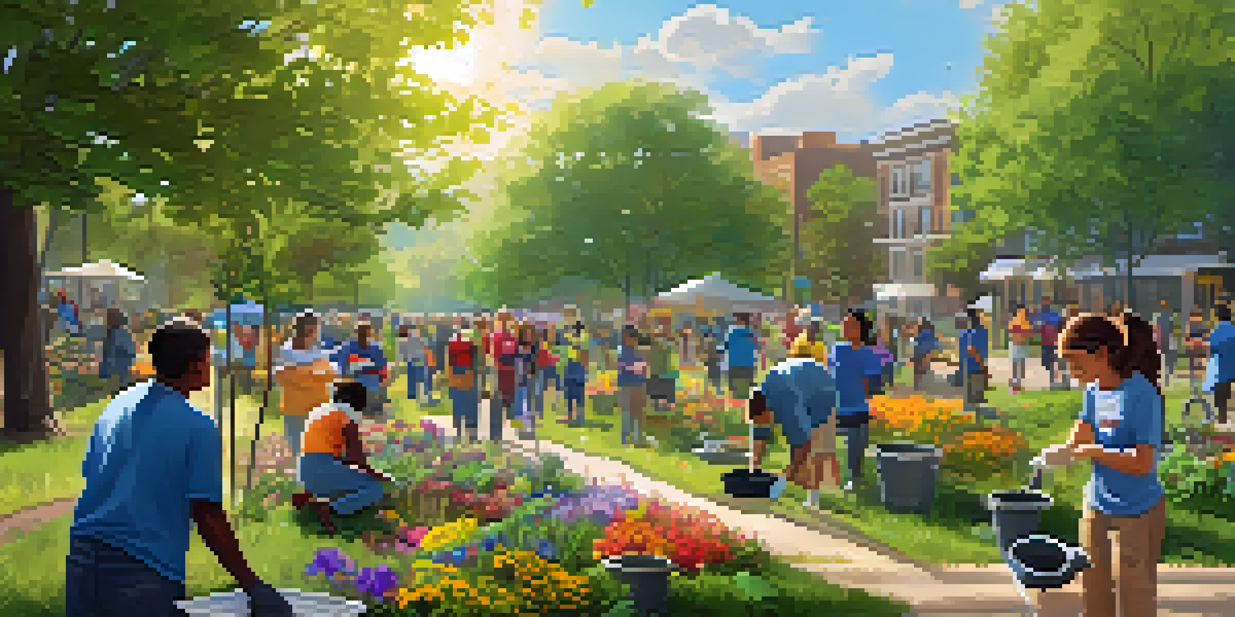 A diverse group of volunteers participating in a clean-up event at a sunny local park, surrounded by greenery and colorful banners.