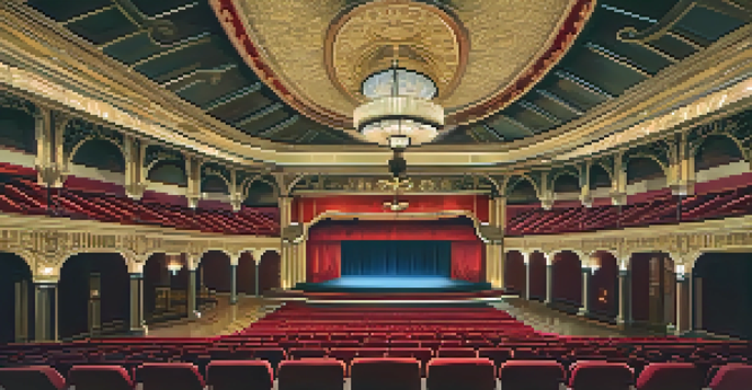 The luxurious interior of the Fox Theatre, featuring vintage architecture, red velvet seats, and warm lighting, creating a nostalgic atmosphere.