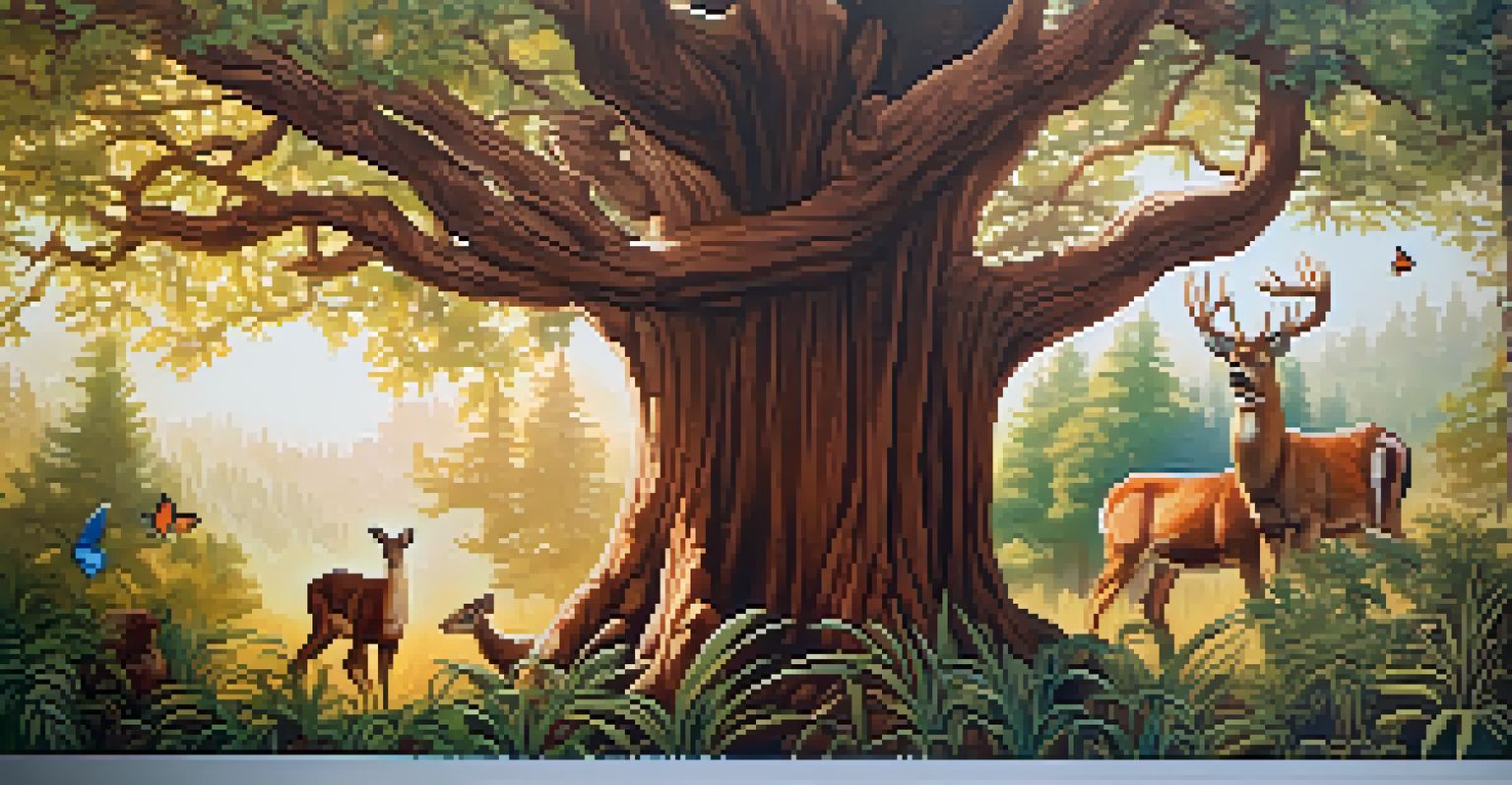 A mural depicting local wildlife around a majestic redwood tree, featuring animals and vibrant colors, set in a natural ambiance.