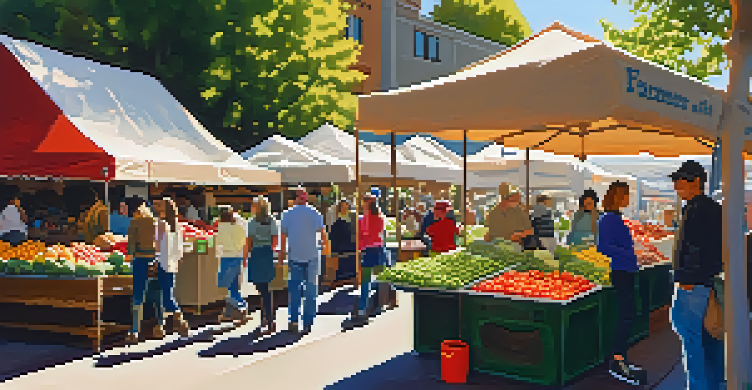 A bustling farmers' market in Redwood City with colorful stalls and locals shopping for fresh produce.