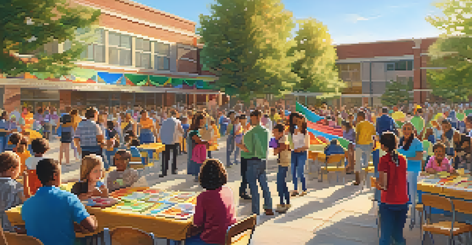 A lively community event at a school with parents, educators, and students participating in activities, surrounded by colorful banners and tables of resources.