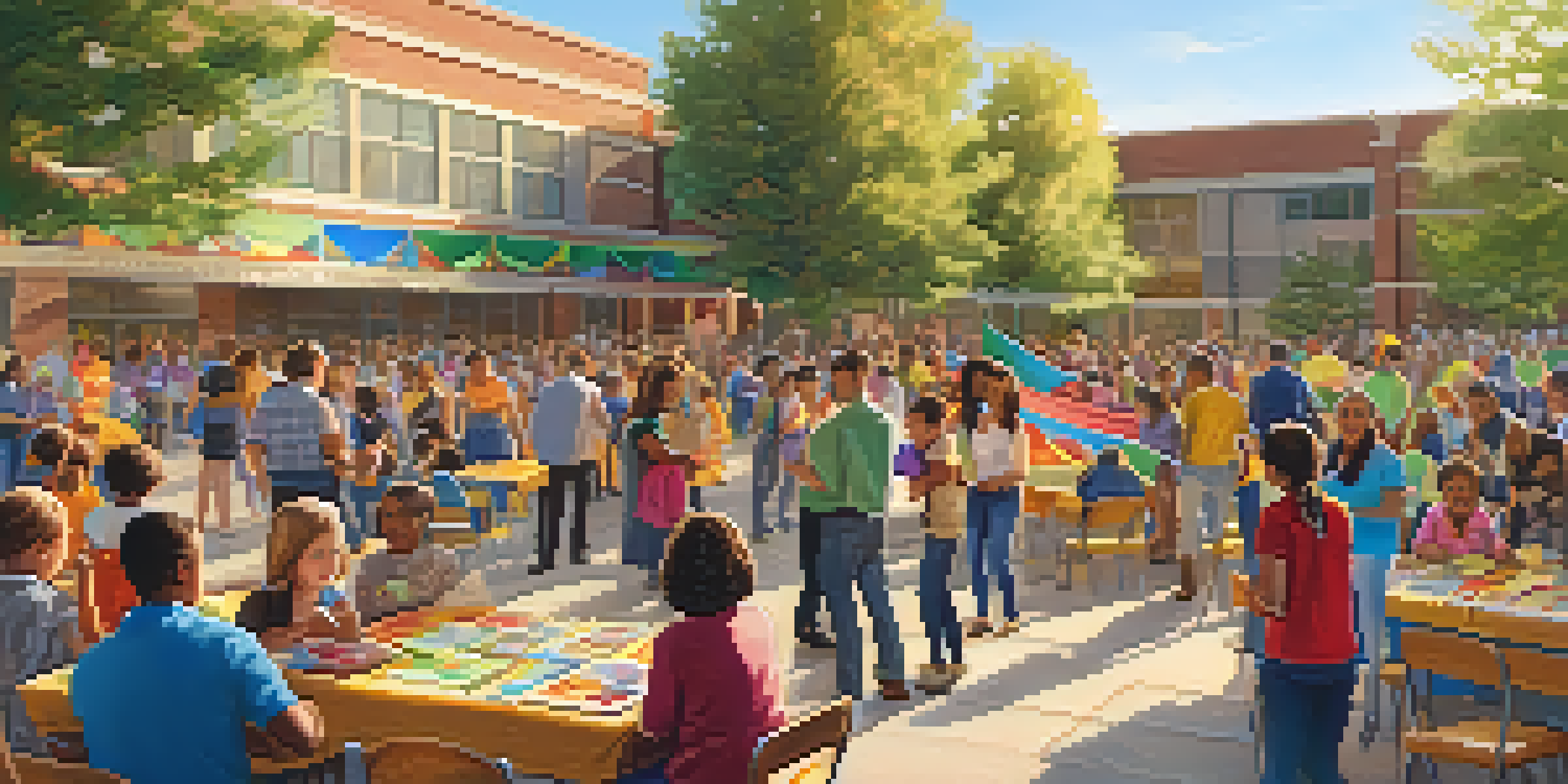 A lively community event at a school with parents, educators, and students participating in activities, surrounded by colorful banners and tables of resources.