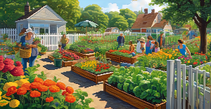 A lively community garden with colorful flowers and vegetables, where diverse individuals are gardening together under warm sunlight.