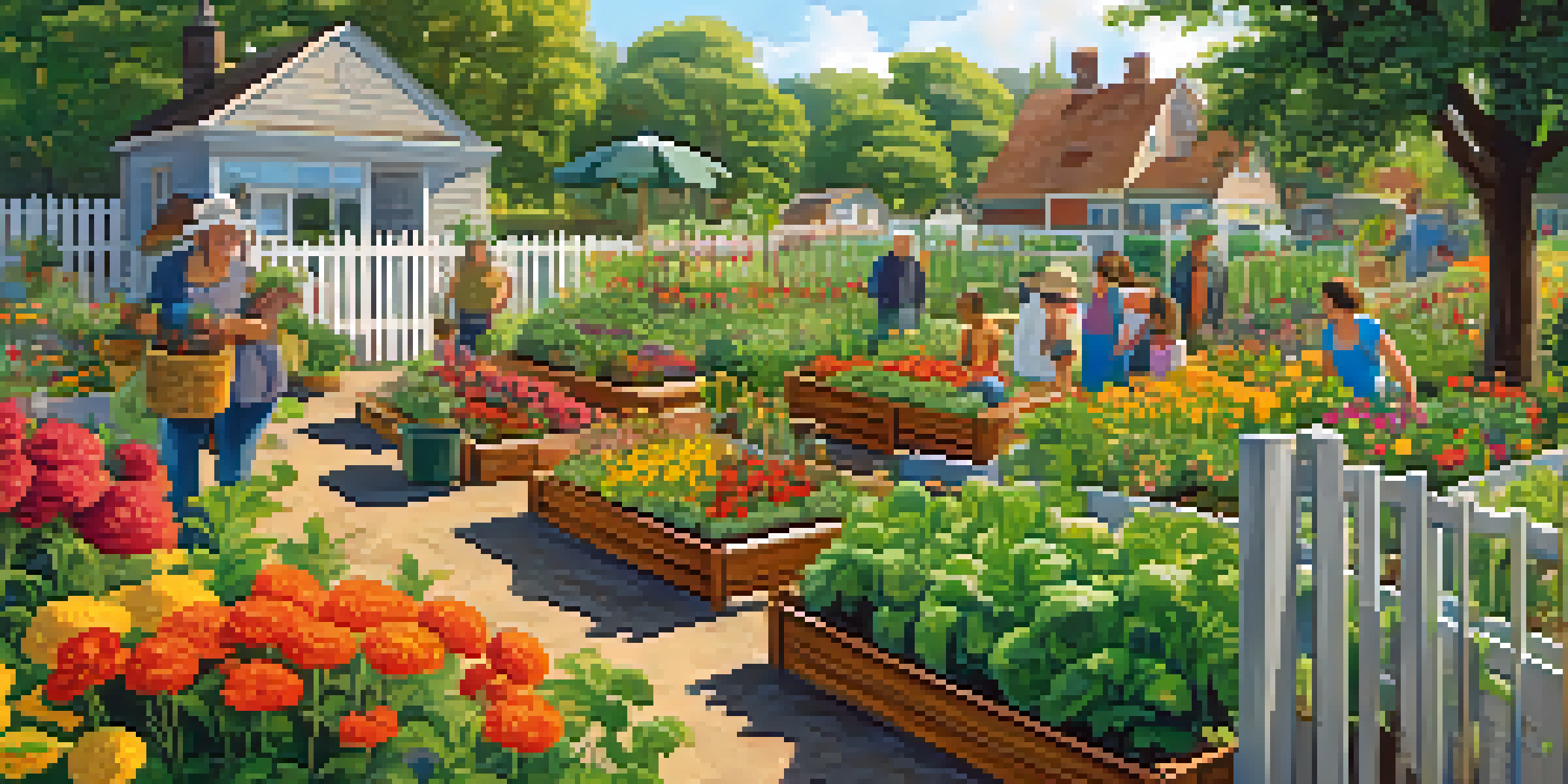 A lively community garden with colorful flowers and vegetables, where diverse individuals are gardening together under warm sunlight.