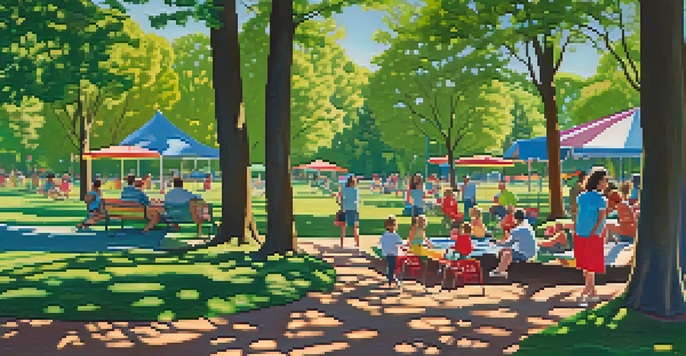 Families enjoying a sunny picnic at Red Morton Park, with children playing on the playground in the background.