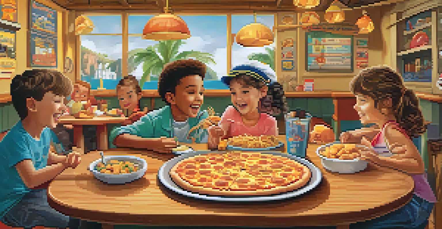 A colorful kid-friendly menu with fun dish names in a cozy restaurant setting.