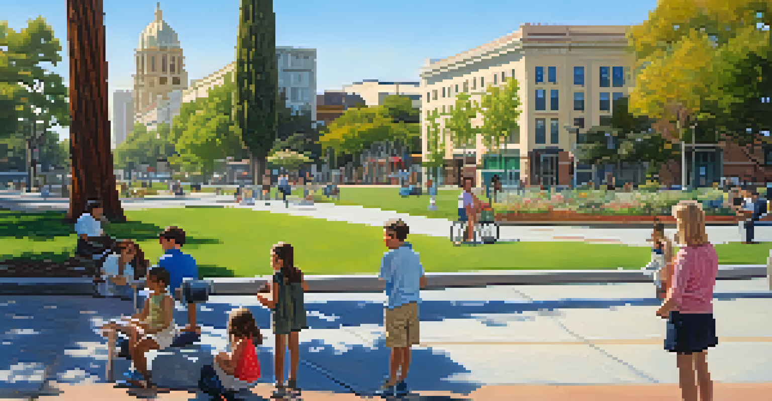 A scenic view of modern and historical Redwood City, showcasing a park with families and a skyline that blends old and new architecture.