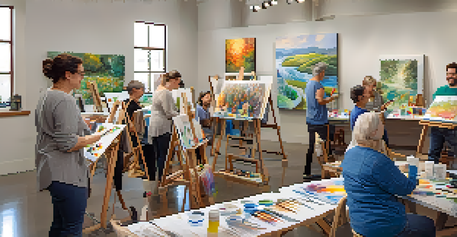 An art workshop in Redwood City with participants of various ages painting on canvases in a bright and inviting space filled with art supplies and completed works.