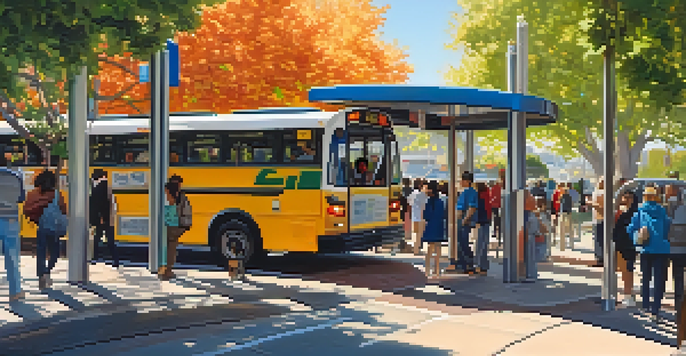A busy bus stop in Redwood City with diverse people waiting for the bus, surrounded by shops and trees, under sunlight.