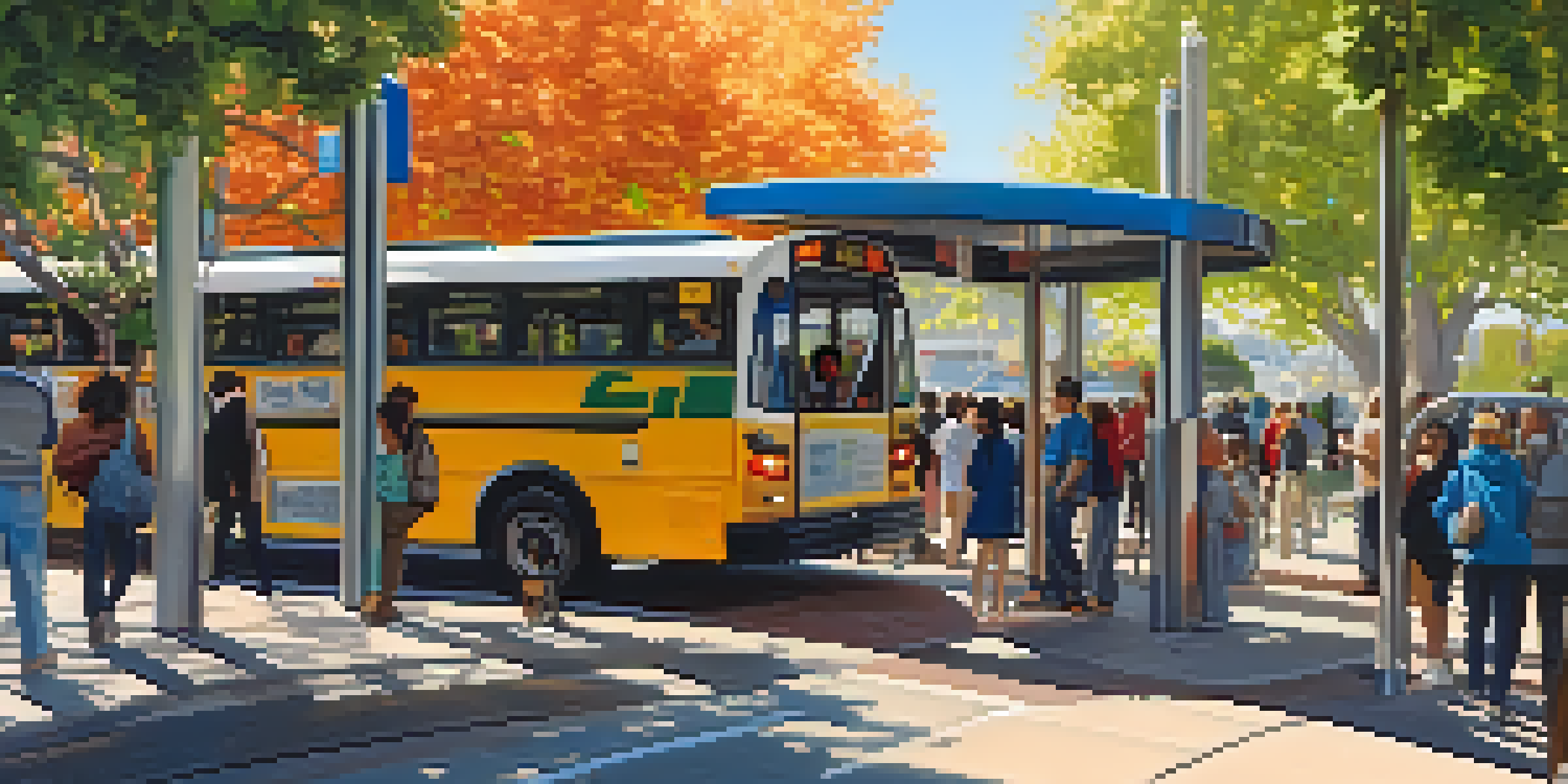 A busy bus stop in Redwood City with diverse people waiting for the bus, surrounded by shops and trees, under sunlight.
