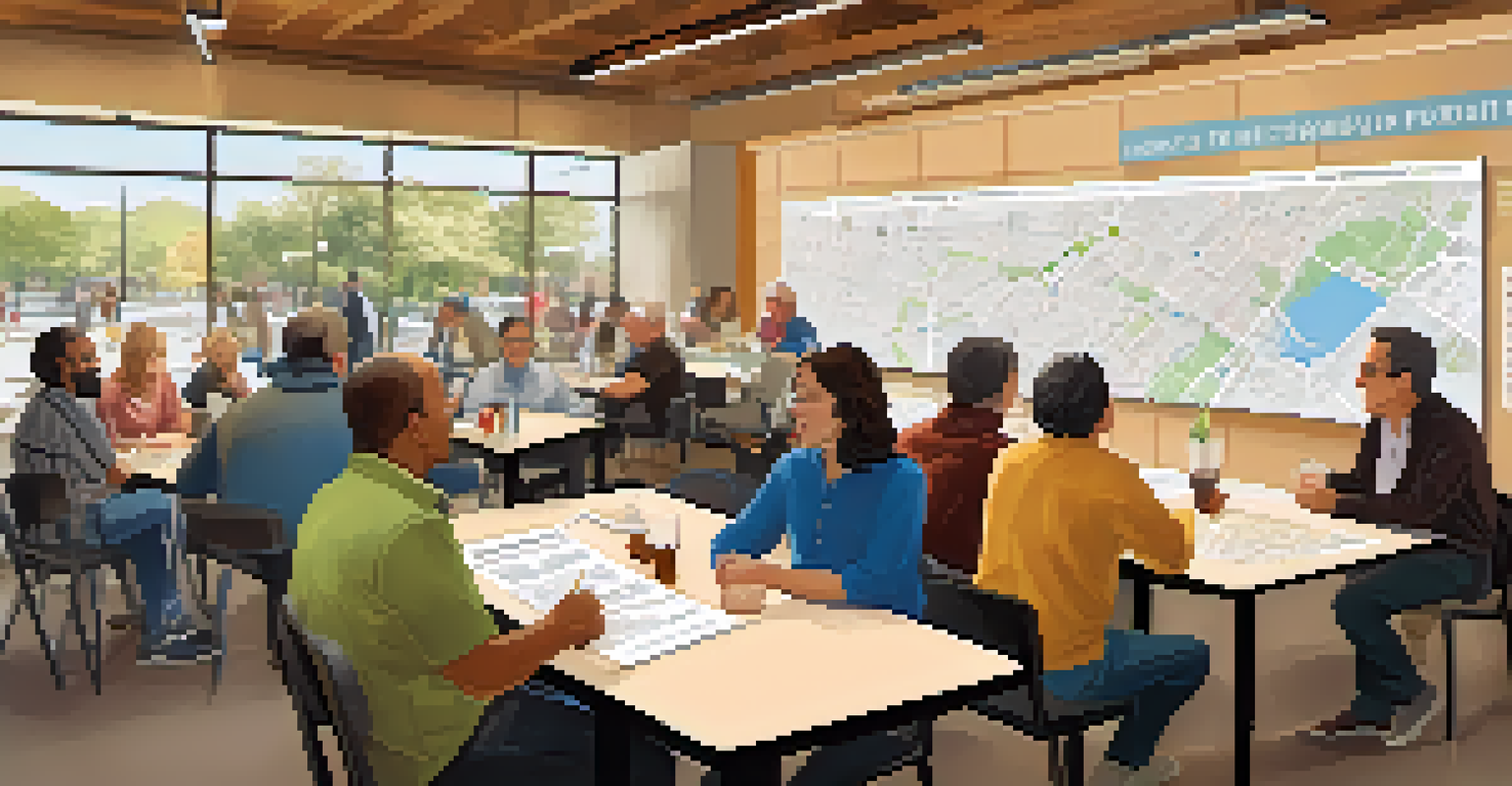 A community forum in Redwood City with residents discussing transit development, surrounded by maps and informational posters.