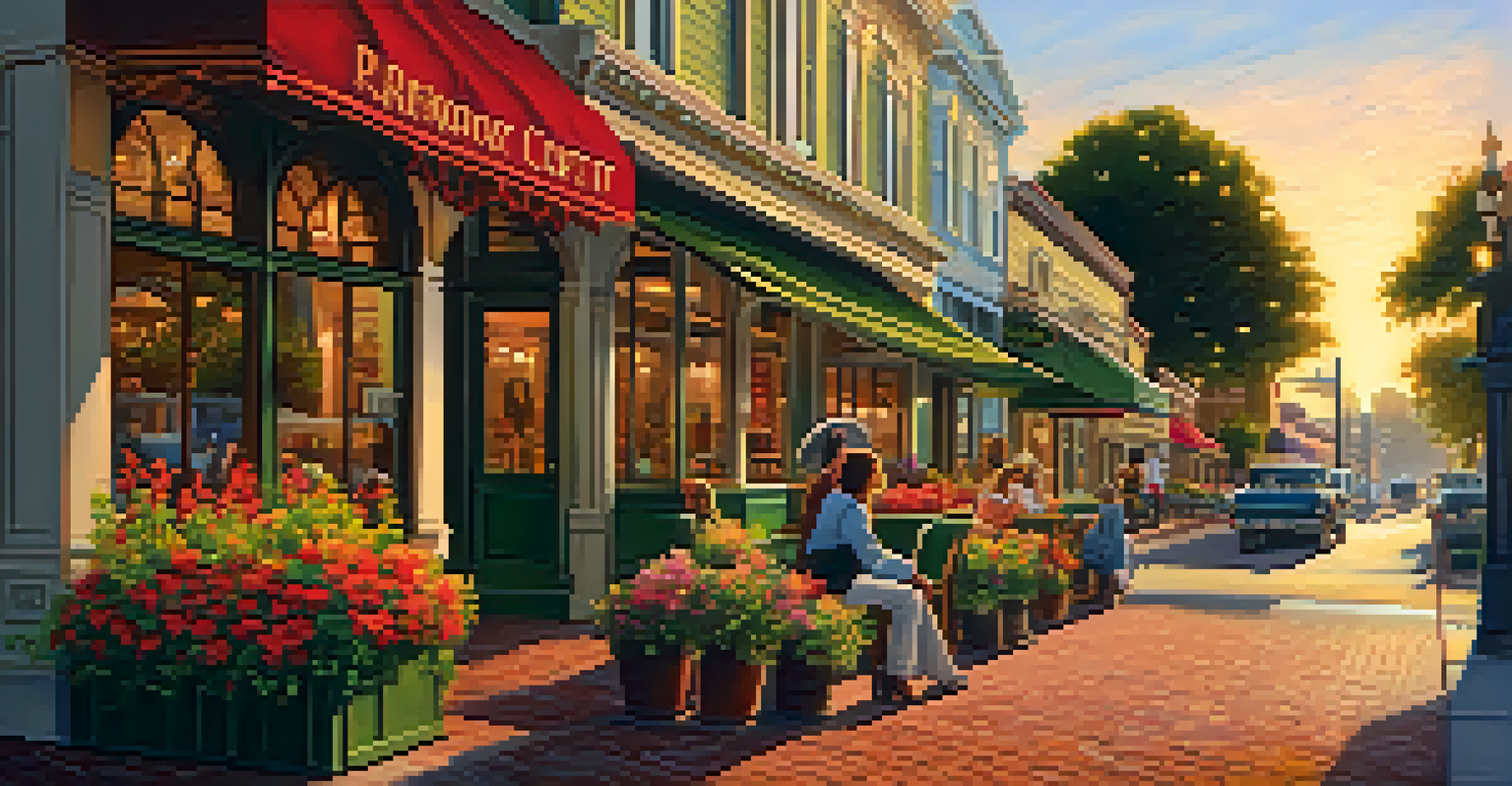 A scenic view of Redwood City's historic downtown with Victorian buildings and outdoor cafes during sunset.