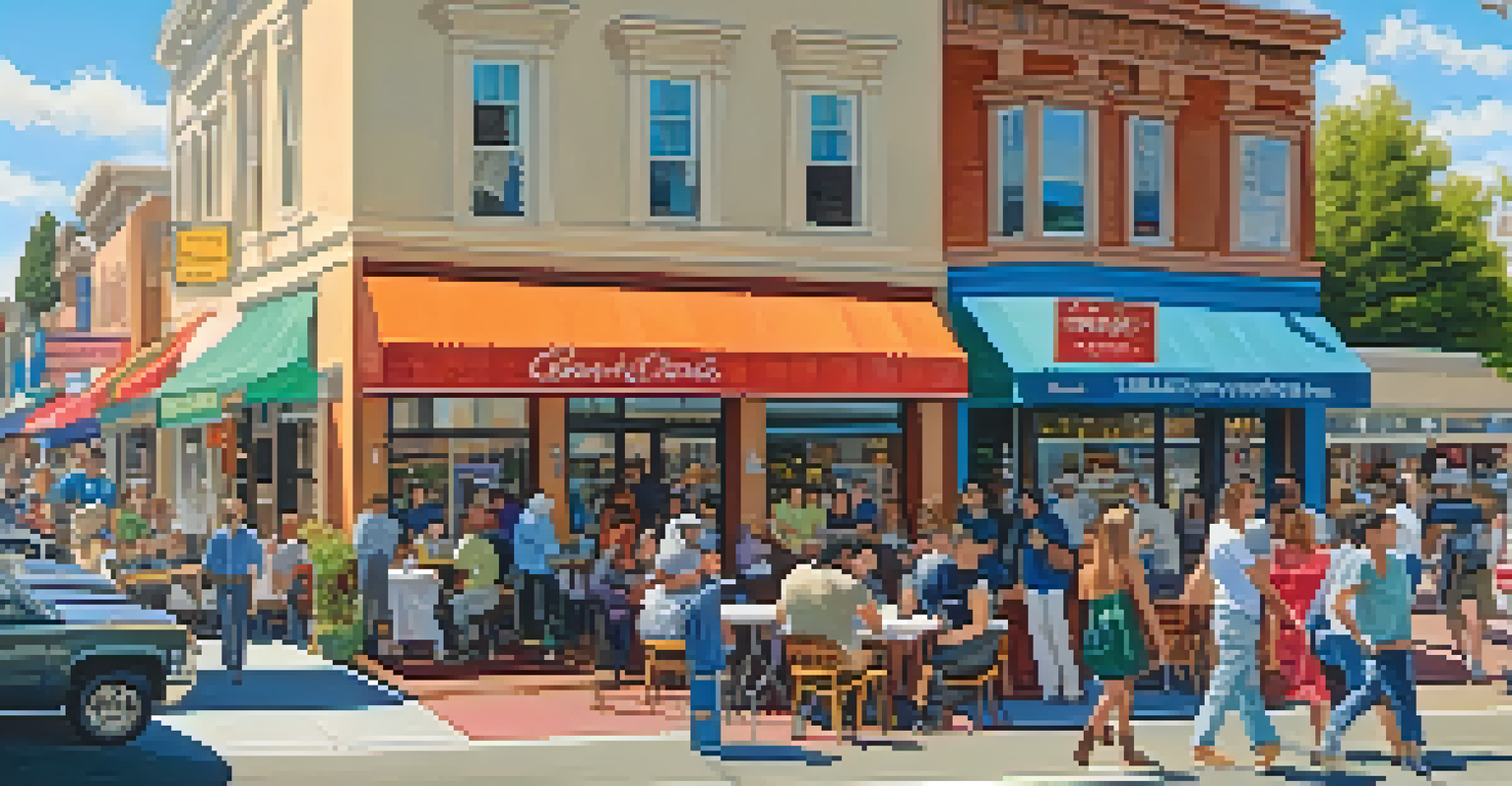 A lively street scene in Redwood City with local businesses and cafes, featuring diverse people enjoying the day.
