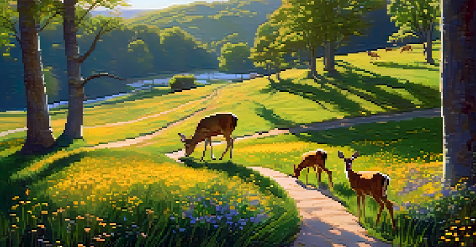 A beautiful spring scene at Edgewood Park with wildflowers and deer in a tranquil setting.