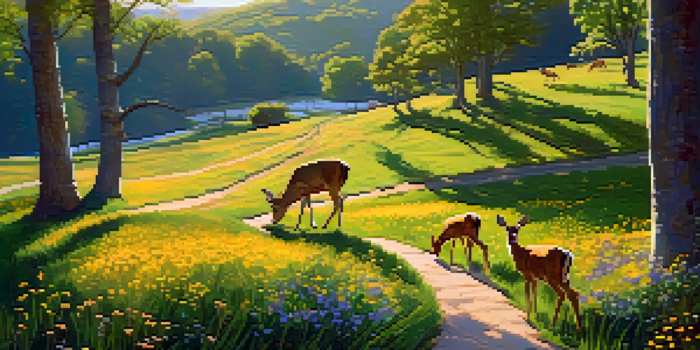 A beautiful spring scene at Edgewood Park with wildflowers and deer in a tranquil setting.