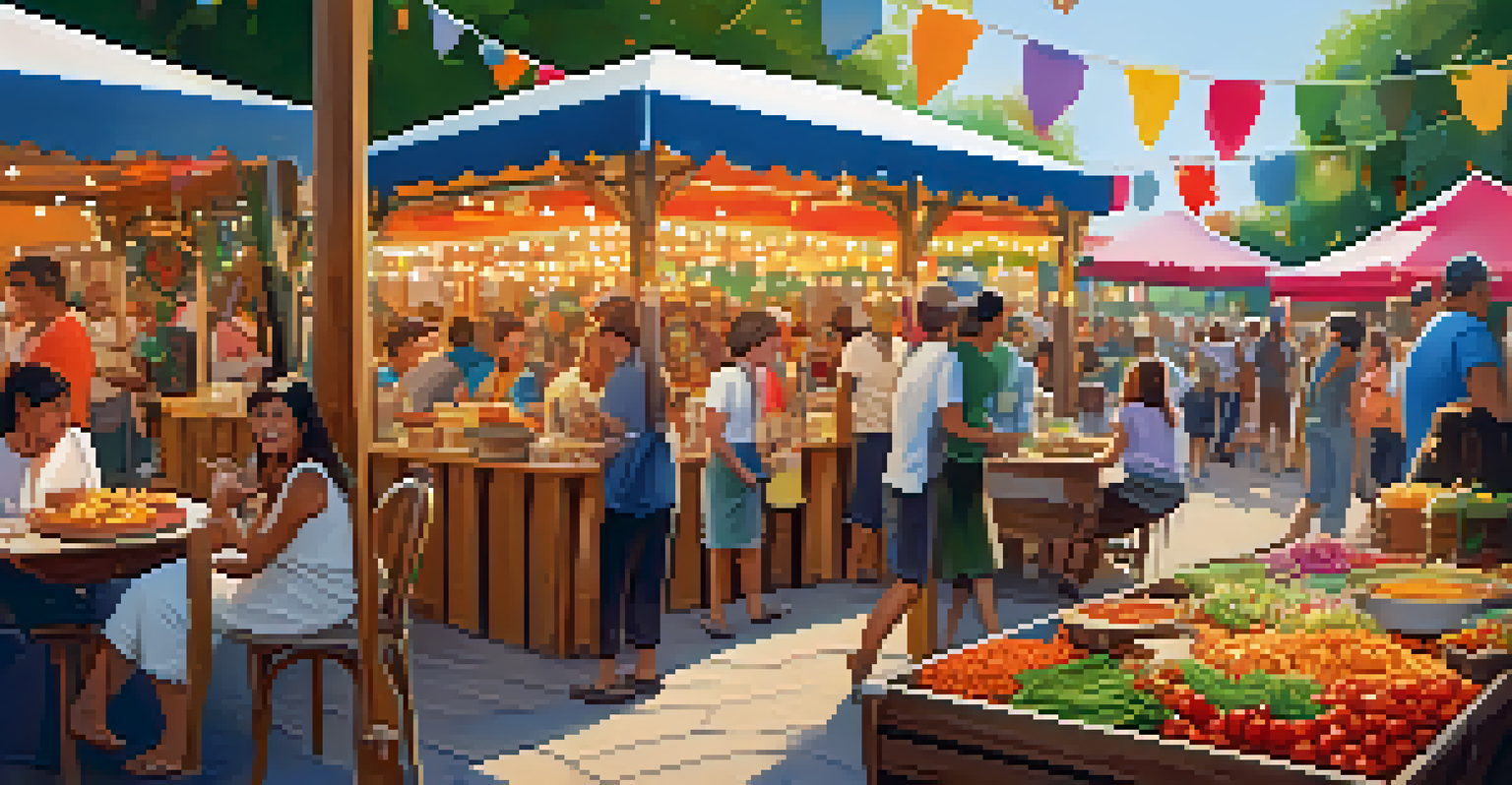 A vibrant food festival in a park with colorful stalls, locals and tourists sampling food, and festive decorations in the background.