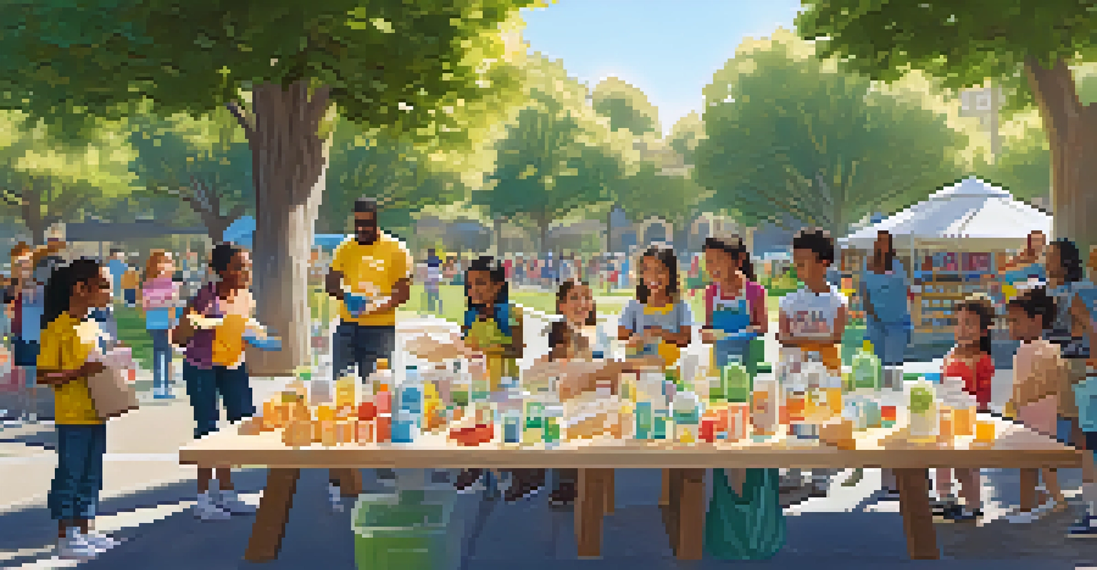 An outdoor workshop demonstrating reusable products with residents and children participating in a recycling activity.