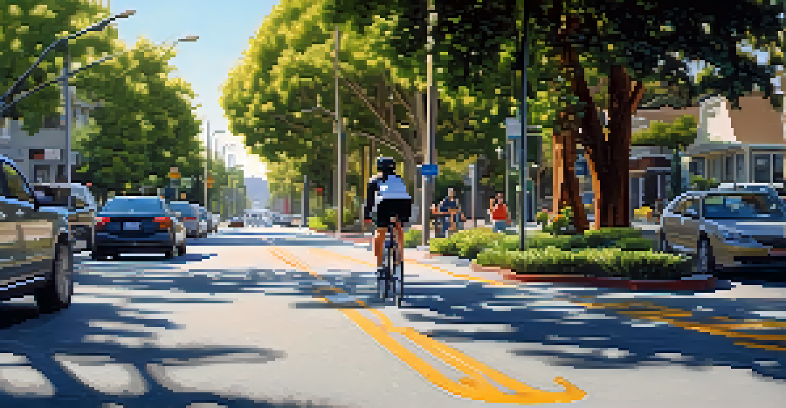 Close-up of a bike lane in Redwood City with a cyclist, surrounded by greenery and a busy street.