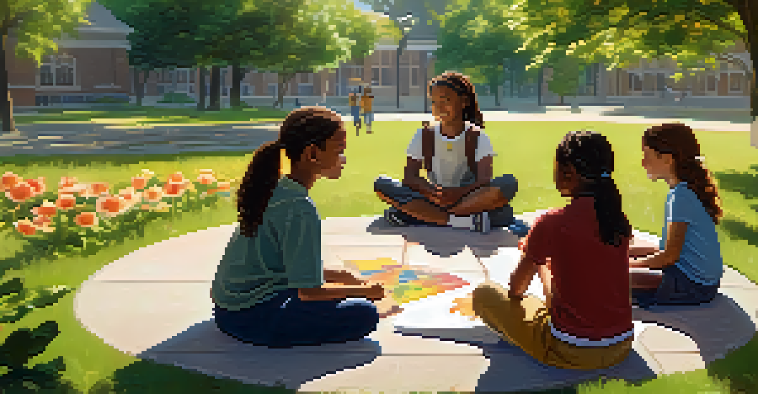 Students sitting in a circle on grass in a school garden, discussing emotions under a sunny sky surrounded by blooming flowers.