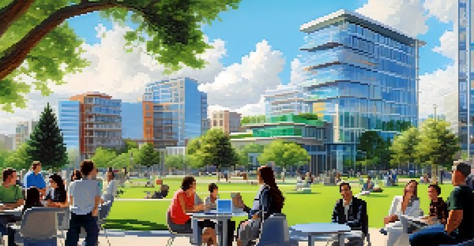 A cityscape of Redwood City with modern architecture, green parks, and people interacting, representing collaboration in tech and biotech.