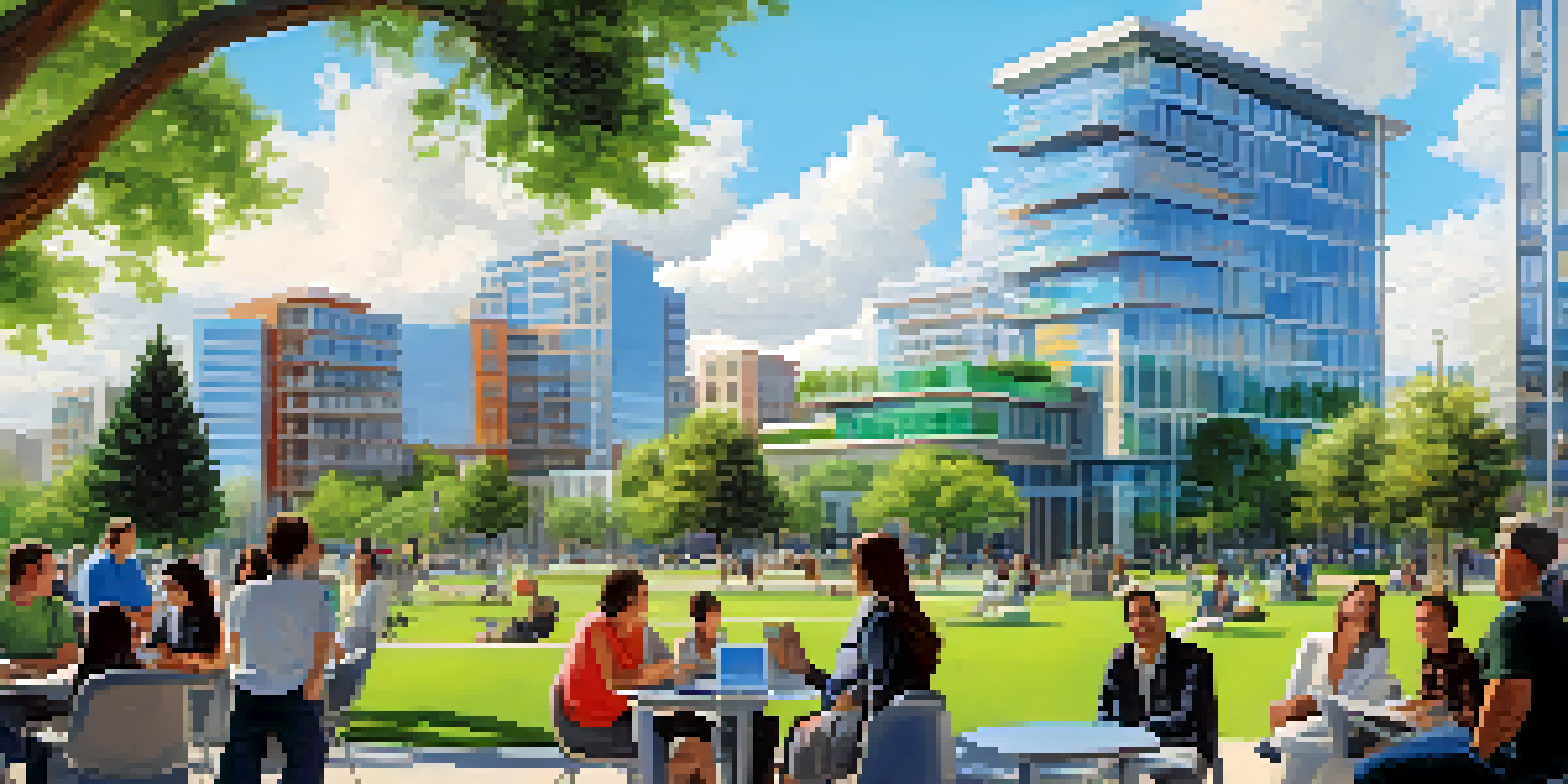 A cityscape of Redwood City with modern architecture, green parks, and people interacting, representing collaboration in tech and biotech.