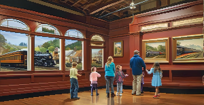 A family of four interacting with exhibits in the San Mateo County History Museum, surrounded by historical artifacts and engaging displays.