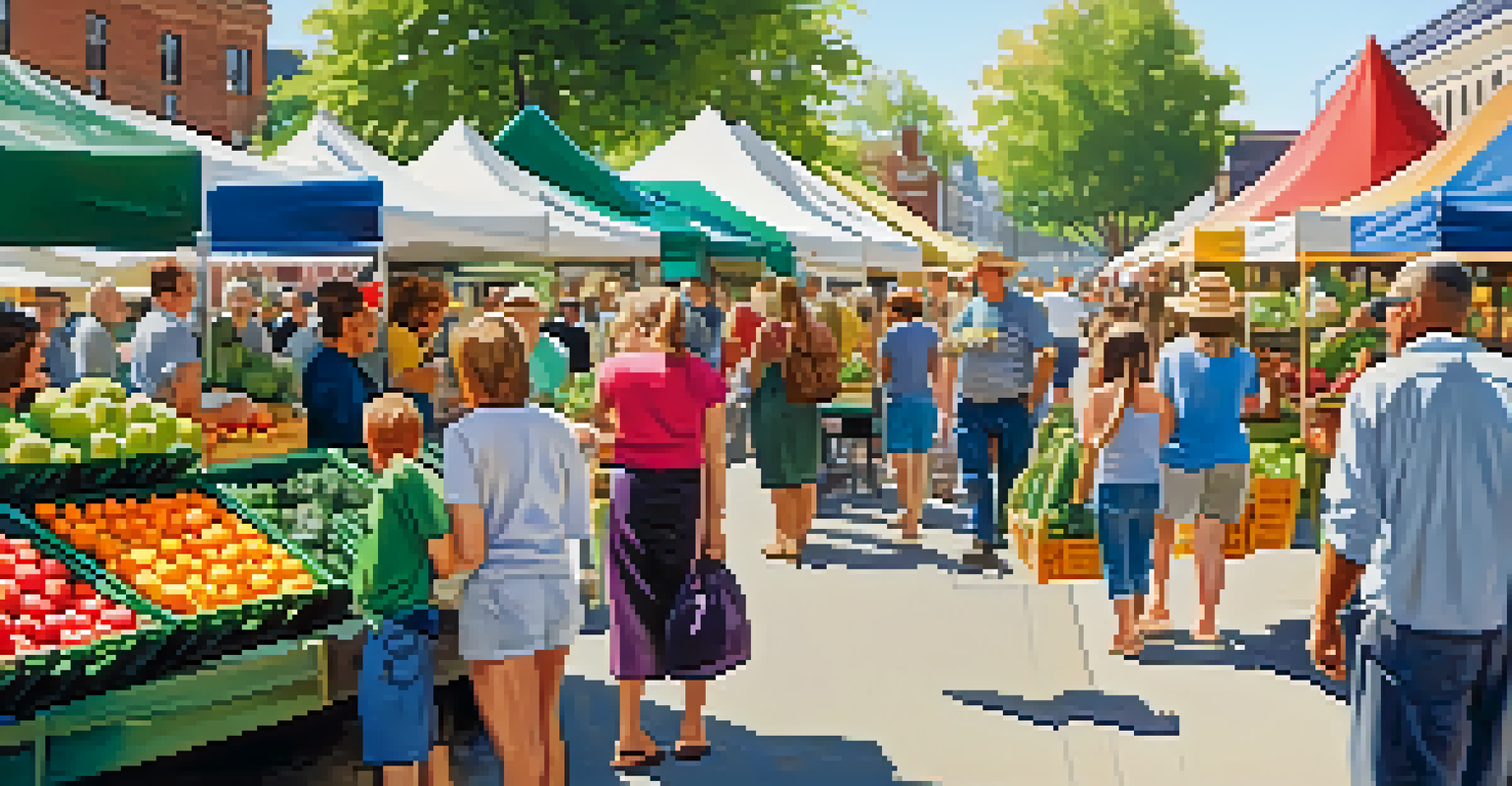 A bustling farmers' market with colorful stalls of fresh produce, shoppers engaging with local farmers, and a sunny day.