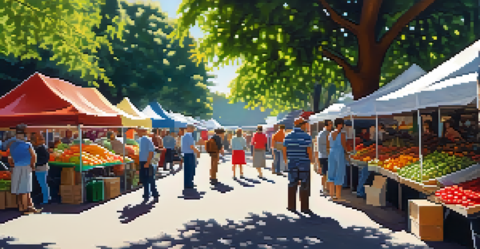 A bustling farmer's market with colorful stalls of organic produce and diverse shoppers enjoying the sunny day.
