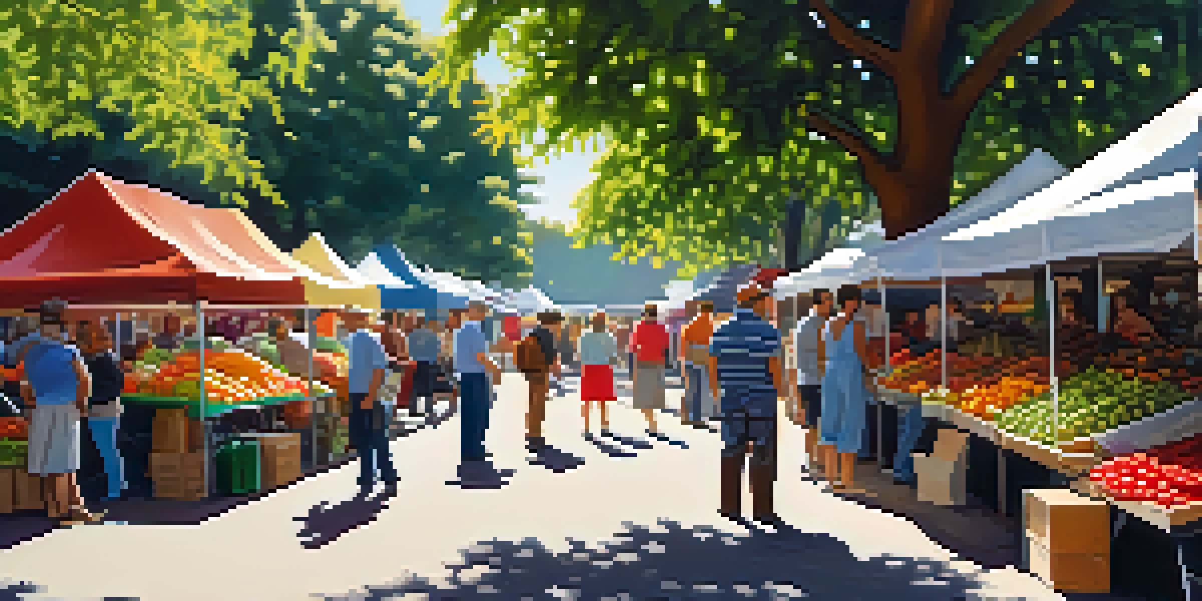 A bustling farmer's market with colorful stalls of organic produce and diverse shoppers enjoying the sunny day.