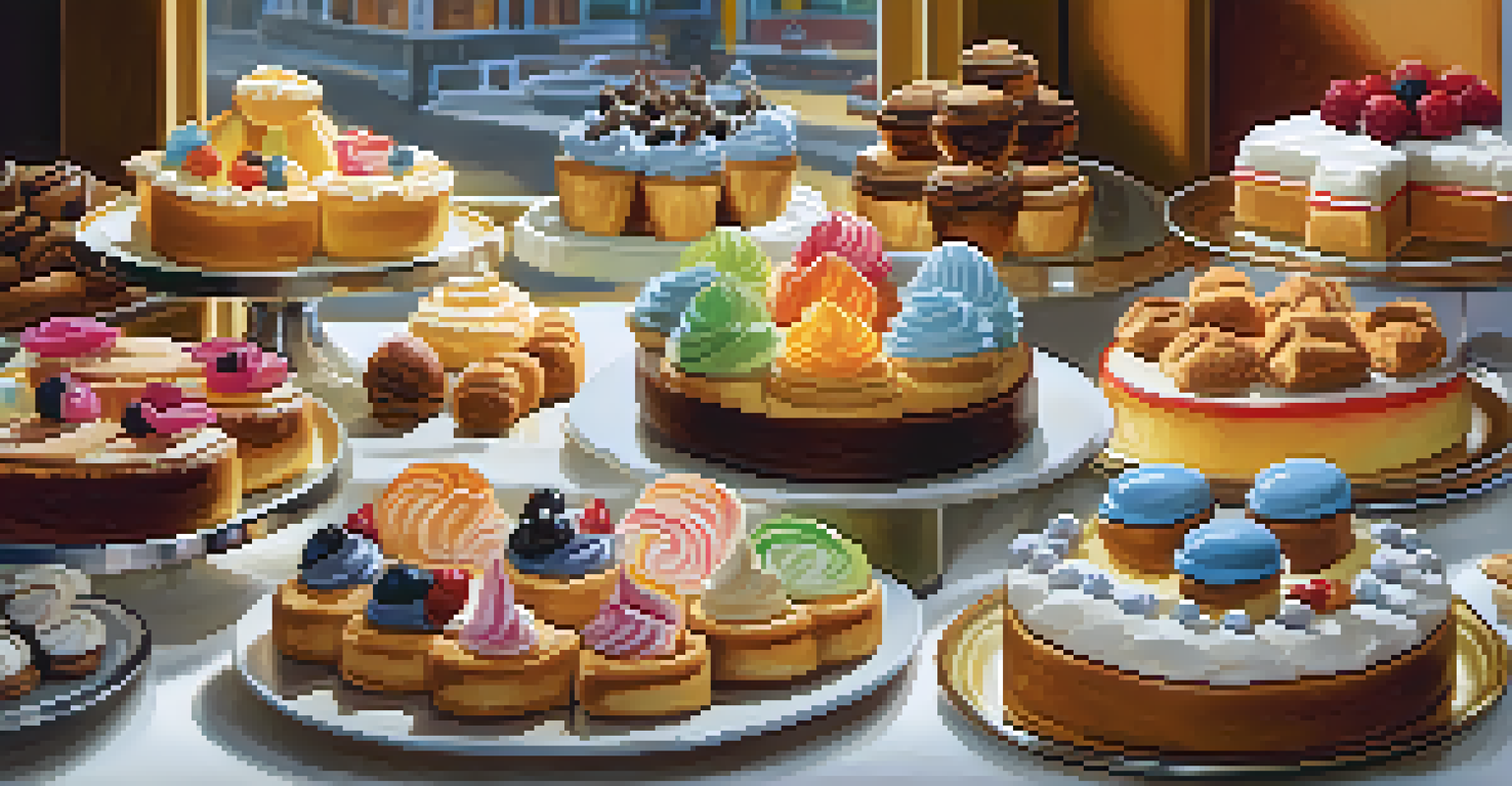 A tempting display of unique desserts in a bakery, showcasing colorful pastries and artistic presentations under warm lighting.