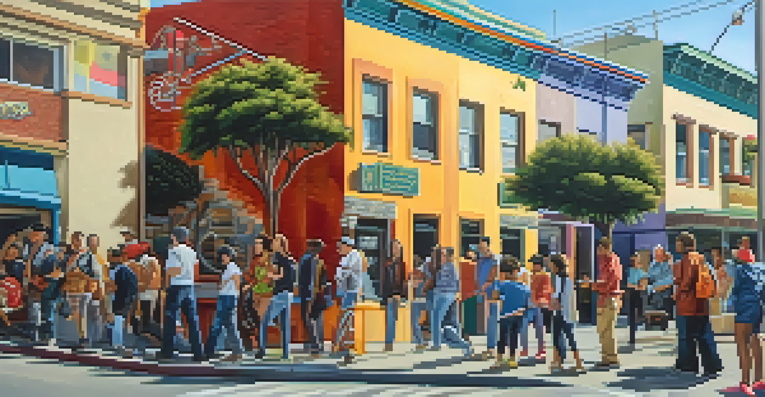 A colorful mural by local artist Maria Gomez on a building, illustrating the diverse culture of Redwood City with vibrant characters and landscapes.