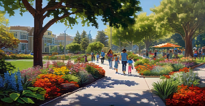A sunny urban park in Redwood City filled with native plants and families participating in eco-friendly activities.