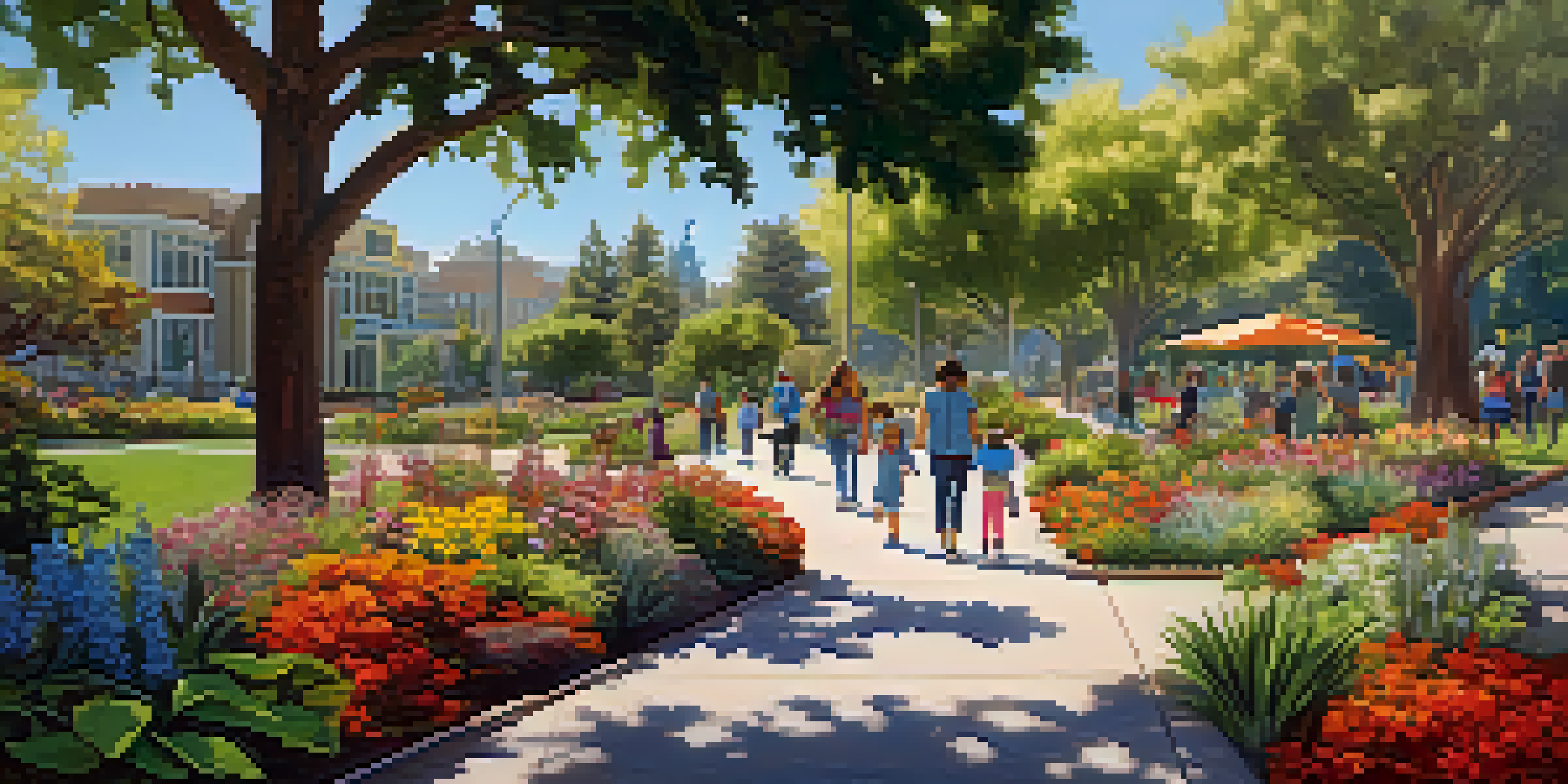 A sunny urban park in Redwood City filled with native plants and families participating in eco-friendly activities.