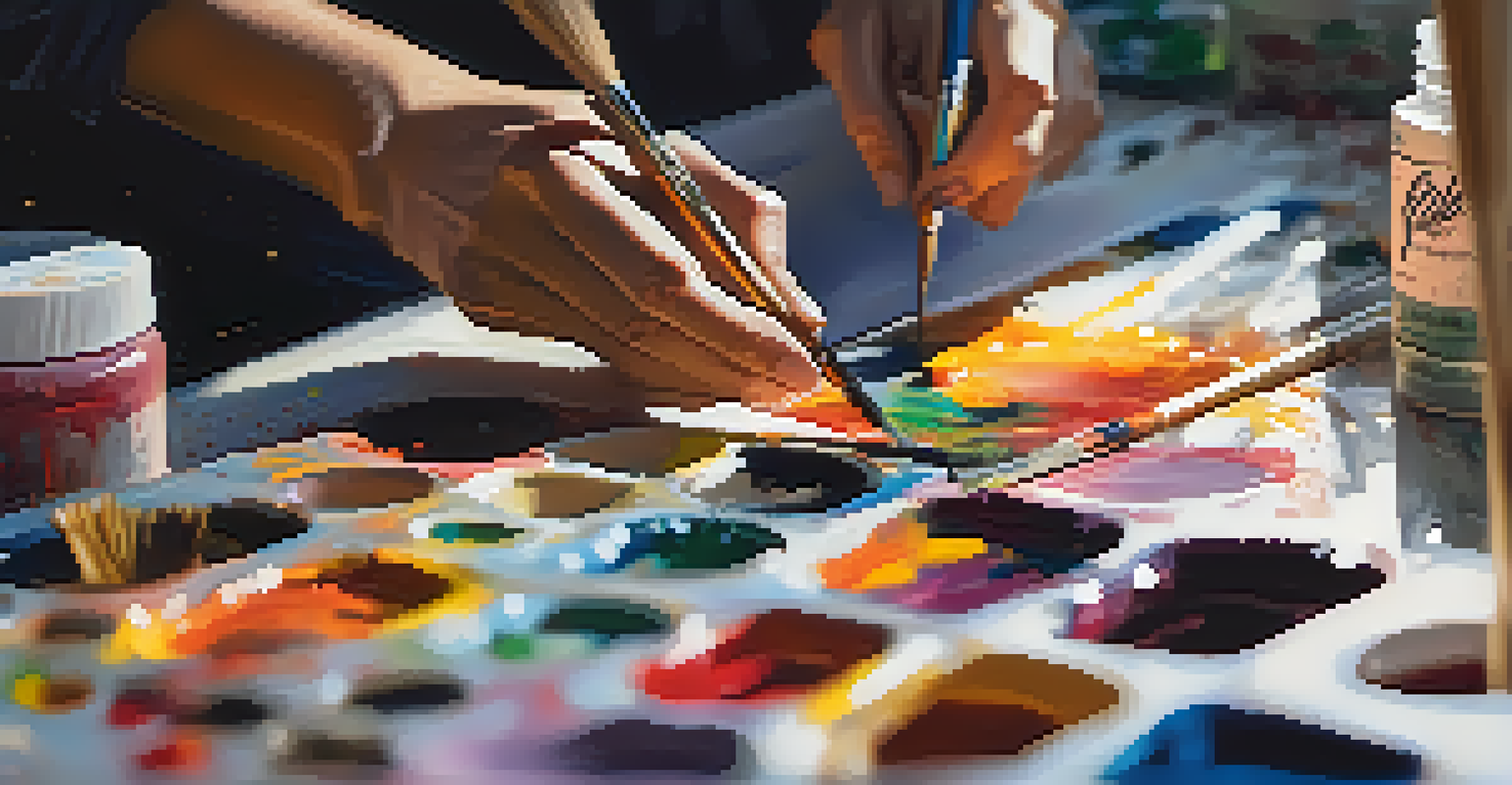An artist's hands painting on a canvas in a studio, surrounded by art supplies and illuminated by natural light.