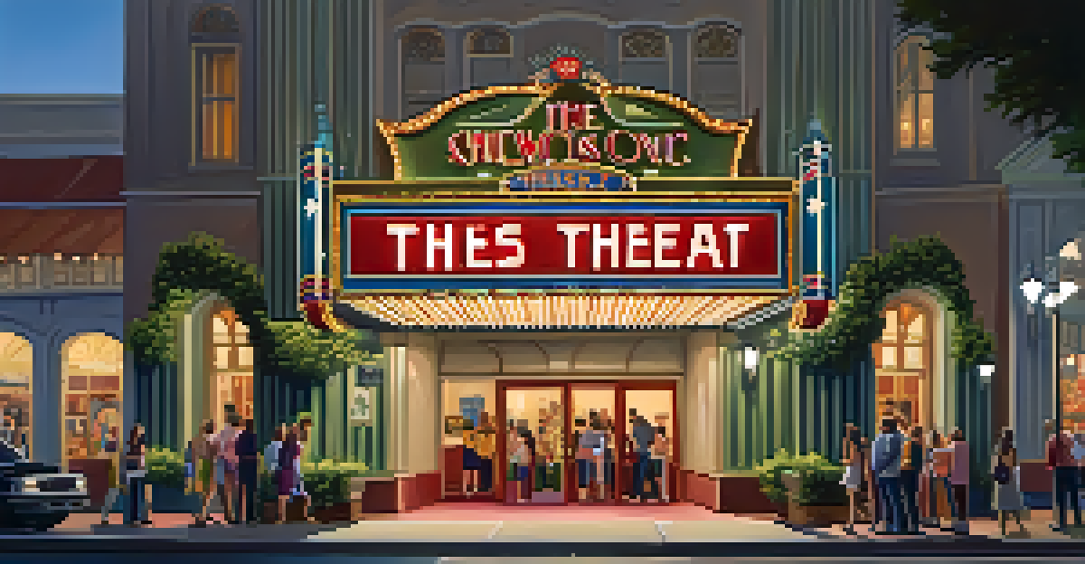 A charming local theater illuminated at night, with a crowd of patrons eagerly waiting outside, showcasing a vibrant community arts scene.