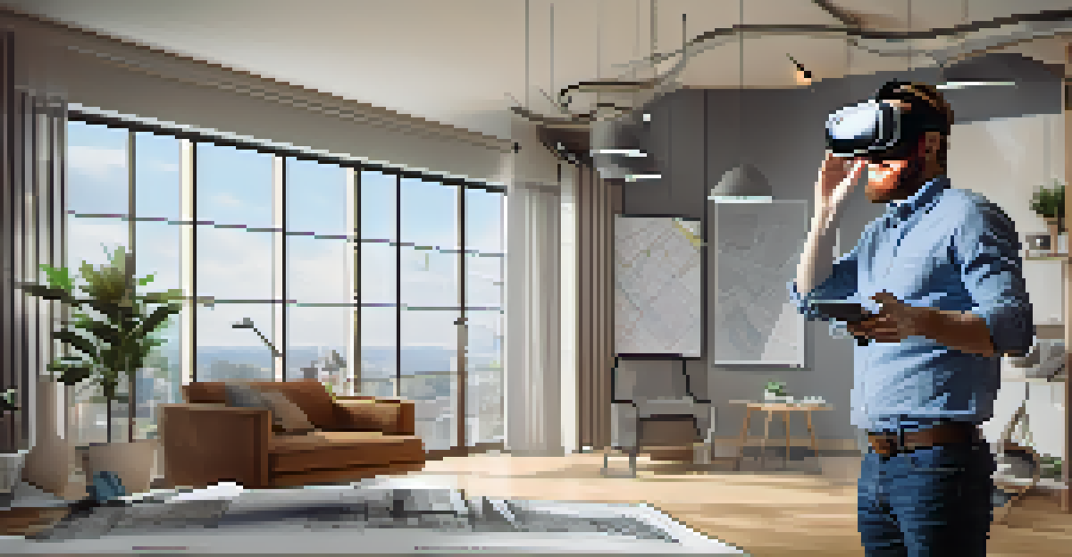 An architect wearing a VR headset, interacting with a digital 3D model of a home, surrounded by blueprints.