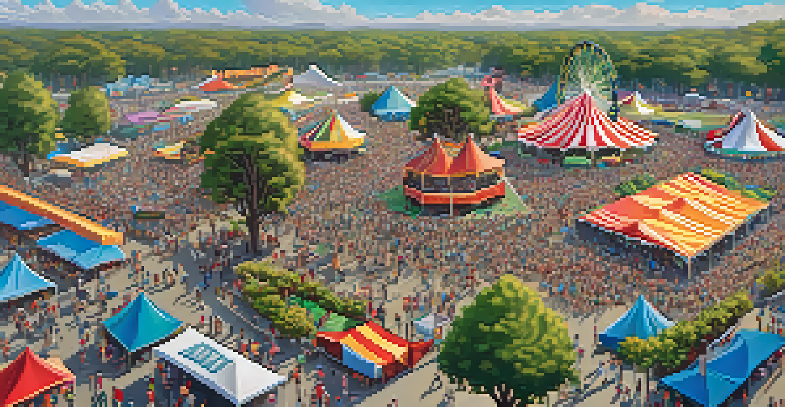 Aerial view of a music festival in Redwood City, showcasing stages, food vendors, and vibrant crowds.