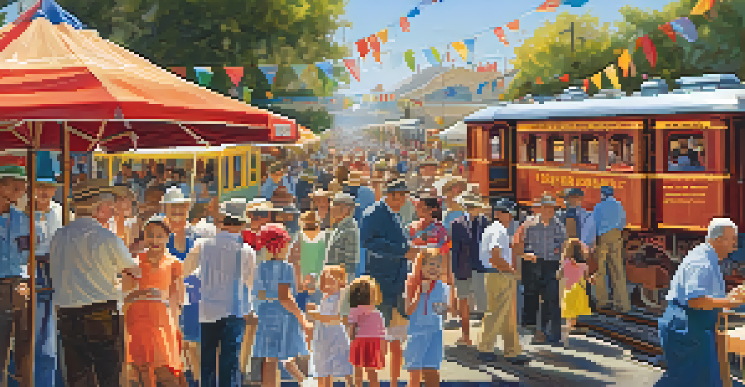 A community festival in Redwood City with booths, diverse people, and a historic train car in the background.