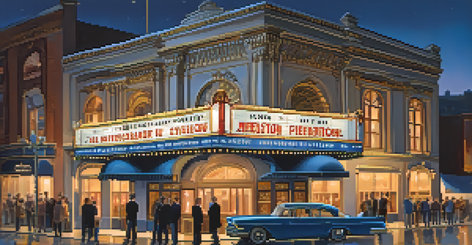 A historic theater building illuminated by golden lights at twilight with people gathered outside.