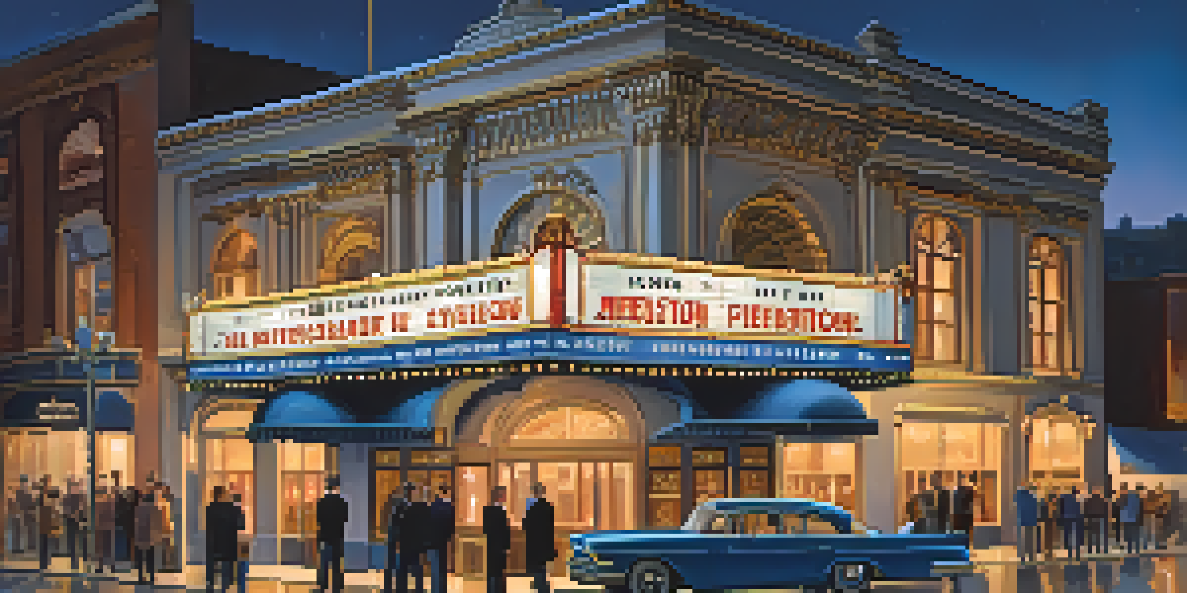 A historic theater building illuminated by golden lights at twilight with people gathered outside.